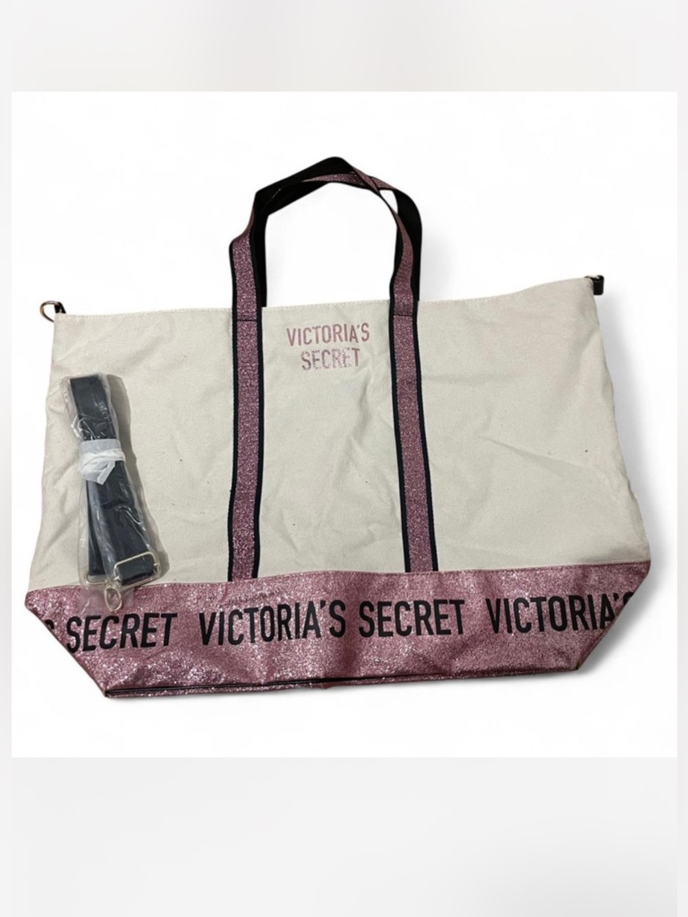 Victoria's Secret Cream Tote with Pink Glitter Trim